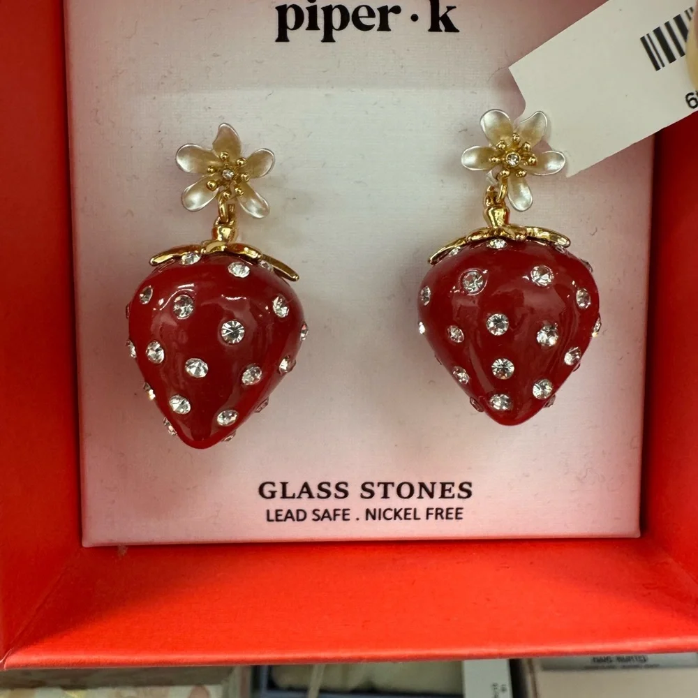 Piper K Red Strawberry Earrings with Gold Accents - Picture 2 of 2